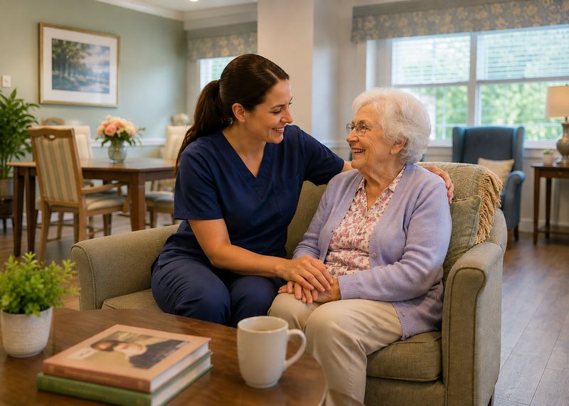 Caring staff with resident at The Waters of Bristol